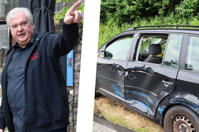 DJ Peter Suttrop und sein durch einen Unfall beschädigter Wagen