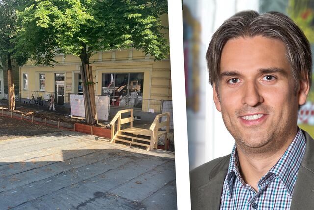Stadtplaner Christian Vöcks erklärt, warum auf dem Marktplatz plötzlich Holztreppen stehen.