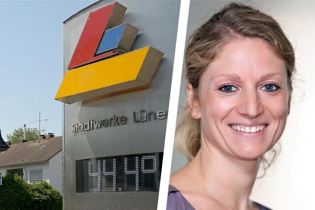 Montage: Stadtwerke-Sprecherin Jasmin Teuteberg und das Gebäude der Stadtwerke Lünen.