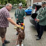 Wie groß, wie schwer? Vogelbauer Stefan Hoselmann (v.l.) präsentiert sein Werk den beiden Vorsitzenden Thomas Behrendt und Daniel Krause.
