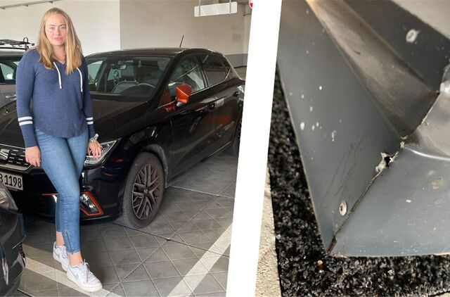 Montage: Frau am Auto und scharfe Kante