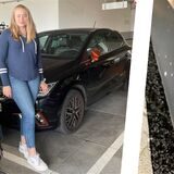 Montage: Frau am Auto und scharfe Kante