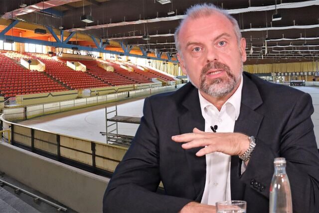 Eine Fotomontage zeigt Unnas Bürgermeister Dirk Wigant in der früheren Eissporthalle