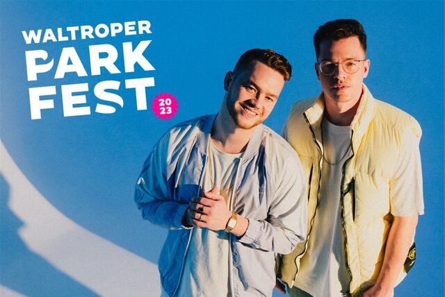 Das DJ- und Produzenten-Duo YouNotUs auf einem Plakat für das Waltroper Parkfest 2023.