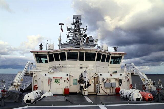 Offshore-Schiff Turva des finnischen Grenzschutzes auf Patrouille auf der Ostsee in der Nähe der Stelle zu sehen, an der die beschädigte Balticconnector-Gaspipeline im Finnischen Meerbusen geortet wurde.