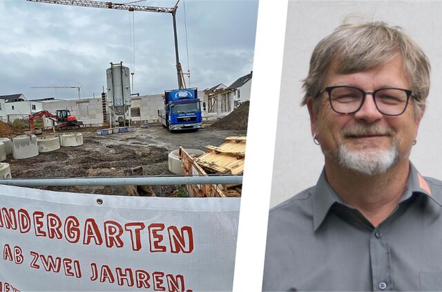 BBL-Fraktionschef Michael Laux und die Baustelle für die Kita im Wohnpark Emscherquelle in einer Montage.