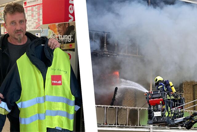 Feuerwehr-Personalrat Jörg Obeling holt einen Schutzanzug für Feuerwehrleute aus dem Schrank. Er hat deutlich mehr Gewicht als die alten Anzüge, schützt aber besser vor den Flammen. Bei Einsätzen wie dem Brand im Marien-Hospital (Bild rechts) ist das lebenswichtig.