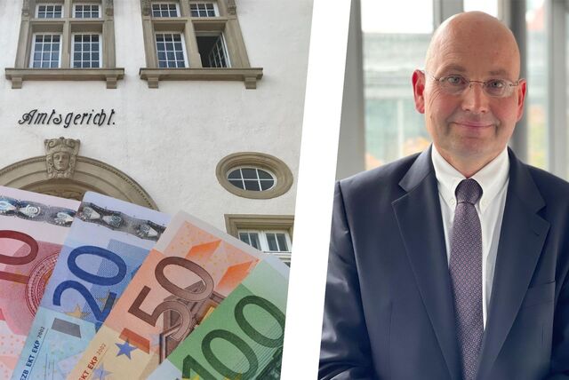 Fotomontage: Direktor Dr. Niklas Nowatius, das Amtsgericht und Geldscheine