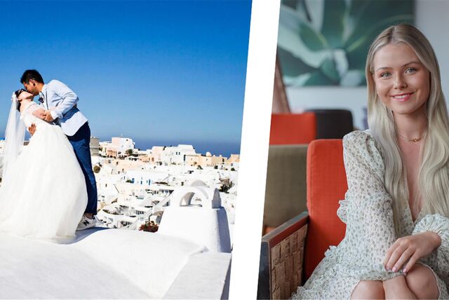 Eine Fotocollage aus einem Brautpaar, dass sich auf Santorini traut und der Recklinghäuser Bloggerin Celine Nadolny