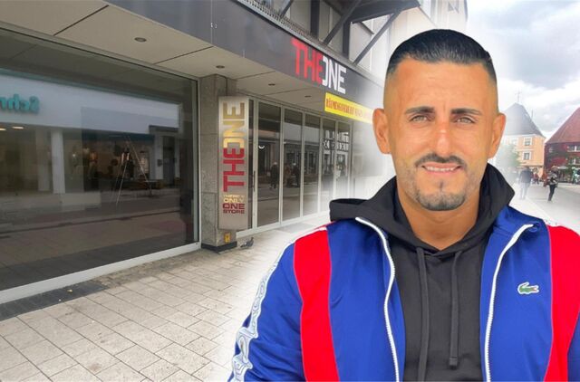 Eine Montage, die einen Mann im Vordergrund und ein leeres Ladengeschäft im Hintergrund zeigt.