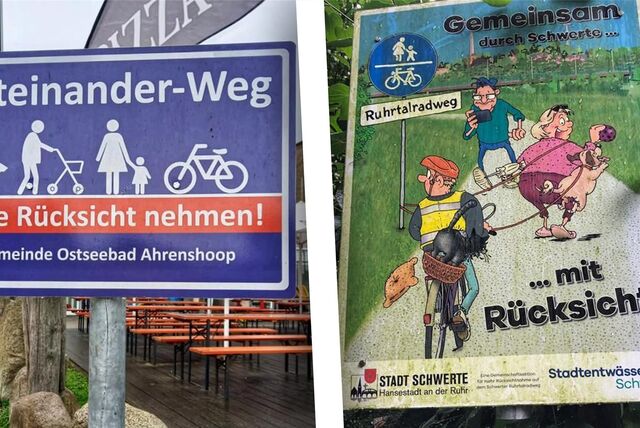 Das „Miteinander-Weg“-Schild links steht im Ostseebad Ahrenshoop, das rechte Schild auf dem Ruhrtalradweg in Schwerte nahe der Rohrmeisterei.