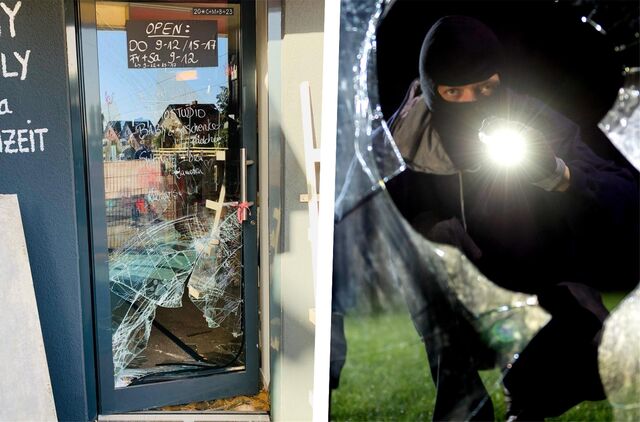 Montage: Links eine aufgebrochene Tür, rechts ein Einbrecher