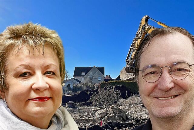 Monika Wernau und Manuel Izdebski – beide SPD – in einer Fotomontage vor den Trümmern des Haus der Mitte in Bergkamen.