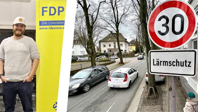 Eine Montage zeigt Benjamin Lemkühler von der FDP in Unnaund ein Tempo-30-Schild.
