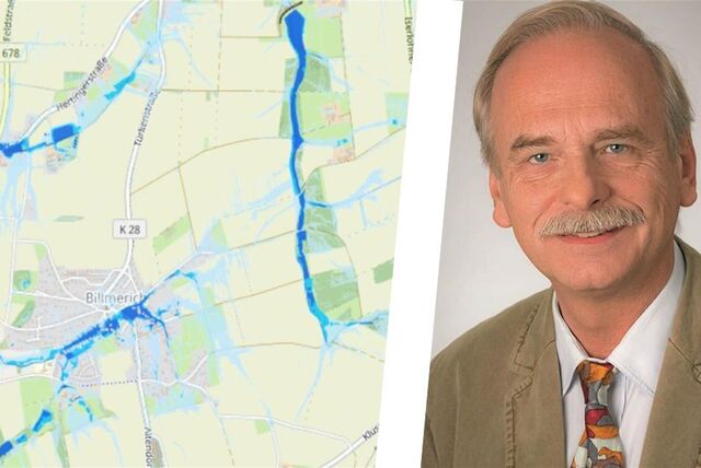 Die Starkregengefahrenkarte zeigt den Ortsteil Billmerich. Sie zeigt Fließwege bei Starkregen. Daneben ist Ralph Bürger von der SPD.