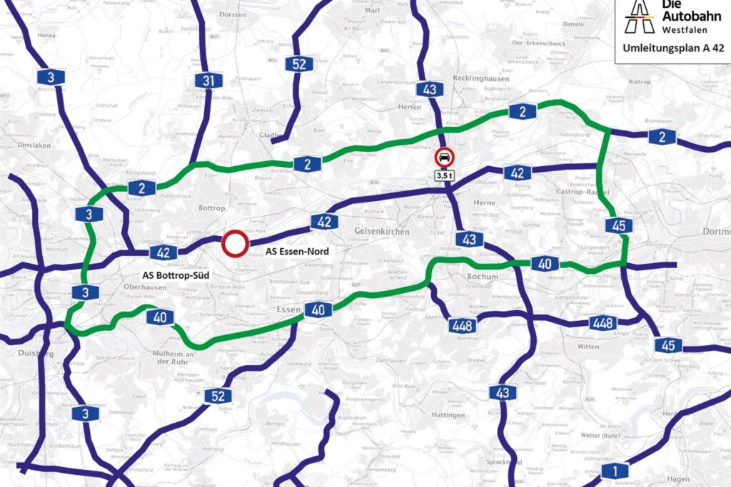Die A42 ist gesperrt, dafür gibt es Umleitungsrouten. Die A42 ist gesperrt, dafür gibt es Umleitungsrouten.