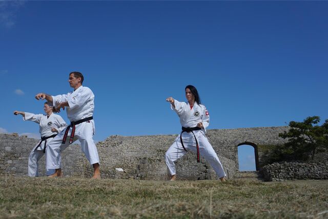 Drei Mitglieder des Oshiro Dojo Schwerte sind nach Okinawa in Japan gereist. Auf dem Foto befinden sie sich auf einer Wiese in Kampfposition.