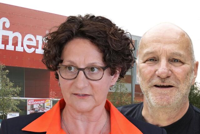 Die Bildmontage zeigt Claudia Keuchel, Sprecherin der Fraktion von Bündnis 90/Die Grünen in Unna, vor einer Höffner-Filiale.