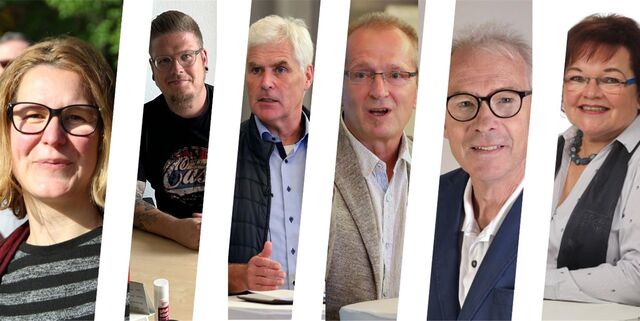 Die Vorsitzenden der Fraktionen im Bergkamener Stadtrat: Claudia Schewior (BergAuf), Oliver Schröder (Linke), Thomas Heinzel (CDU), Thomas Grziwotz (Grüne), Dieter Mittmann (SPD) und Angelika Lohmann-Begander (FDP).