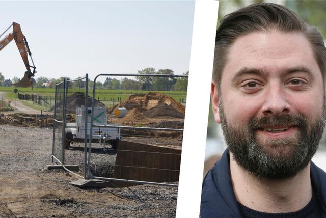 Eine Bildermontage: Links das Bild einer Baustelle mit Zaun, Bagger und Sandhügel. Rechts ein Porträt von Bergkamens Baudezernent.