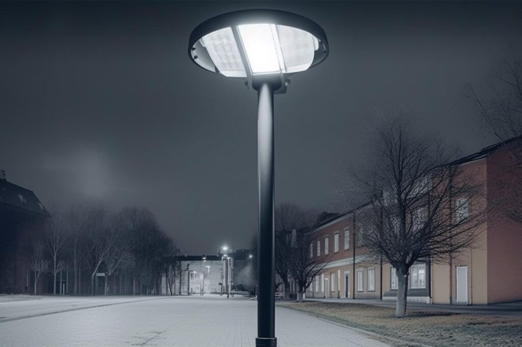 Eine Straßenlaterne mit LED Lampe steht in einer Wohnsiedlung. Eine Straßenlaterne mit LED Lampe steht in einer Wohnsiedlung.