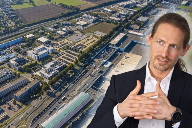Bildmontage mit Geschäftsführer Sascha Dorday von der WFG Kreis Unna und einem Gewerbegebiet.