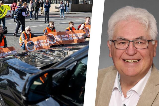 Auf dem linken Foto sitzen Klimakleber auf einer Straße und blockieren den Verkehr. Rechts im Bild der Unnaer CDU-Politiker Rudolf Fröhlich.