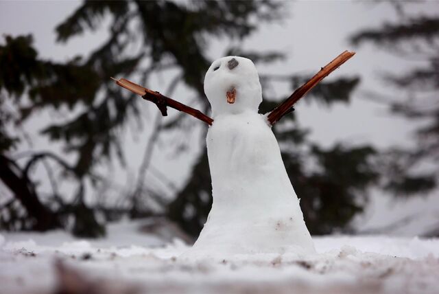Ein Schneemann mit zwei Stöcken als Arme und einer Steinnase steht auf beschneitem Untergrund.