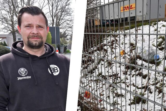 Eine Montage zeigt Lionel Lach, den Vorsitzenden des Bürgervereins Alte Heide, und Müll am Rand des DHL-Firmengeländes in Unna-Nord.