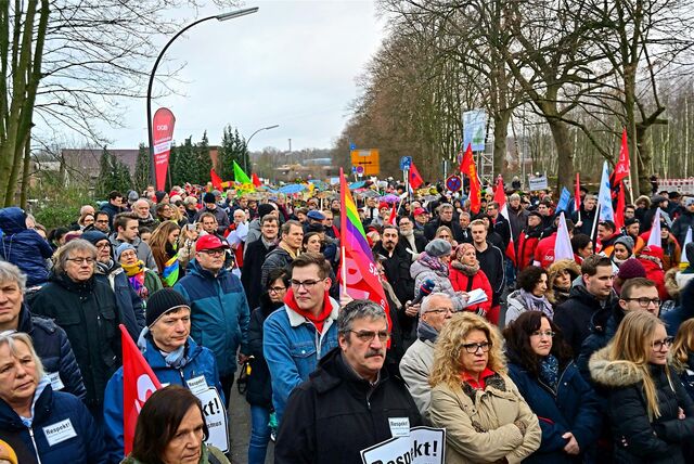 Menschen mit Fahnen und Schildern auf einer Protestveranstaltung gegen die AfD.