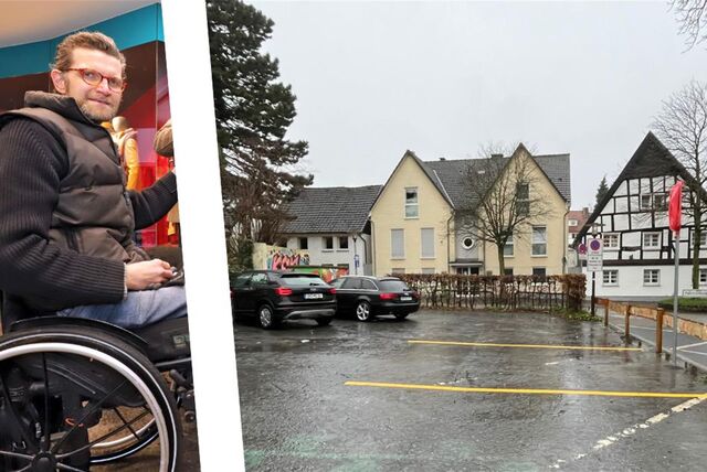 Die Bildmontage zeigt Christian Baran, den Vorsitzenden des Unnaer Behindertenbeirats, und den Parkplatz an der Schulstraße.