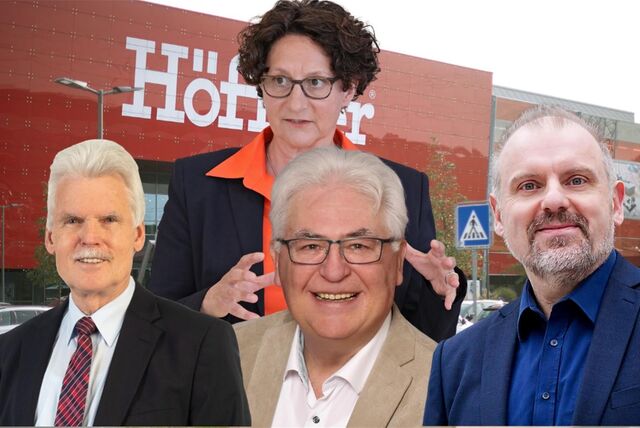 Montage mit Gerhard Meyer, Rudolf Fröhlich, Dirk Wigant und Claudia Keuchel vor einem Höffner-Markt.
