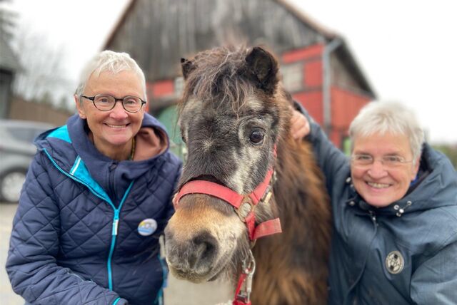 Das Pony Coco steht zwischen Doro Wolfgart und Elli Bihler von der Sonnenregen gGmbH auf dem Hof Holtschmidt in Schwerte-Ergste.