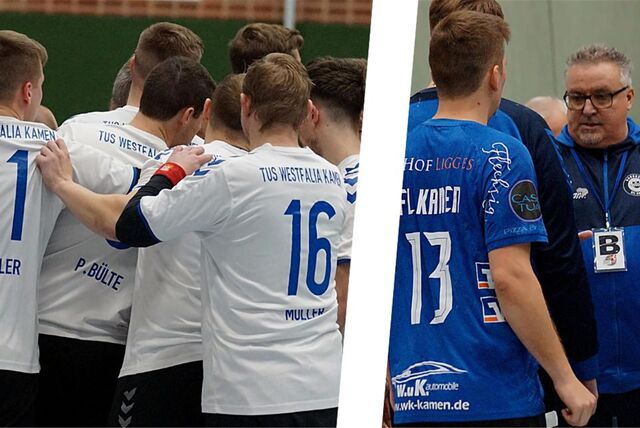 Collage: Links die Handballer des TuS Westfalia Kamen, rechts die Handballer des VfL Kamen mit Trainer Uwe Nitsch.