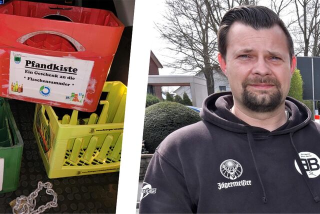 Eine Montage: Links sind Pfandkisten zu sehen. Rechts der Vorsitzende des Bürgervereins Alte Heide, Lionel Lach.