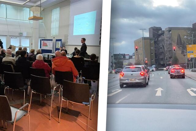Links sitzen Menschen im Bürgersaal des Rathauses, rechts die Schützenstraße in Schwerte