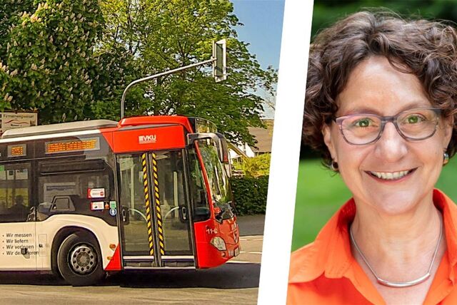 Montage eines Busses der VKU Kreis Unna und Claudia Keuchel, Sprecherin der Grünen-Fraktion im Rat der Stadt Unna.