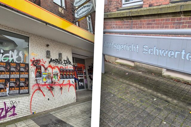 Links ist der ehemalige Netto in Schwerte zu sehen, rechts ein Schild des Amtsgerichts Schwerte.
