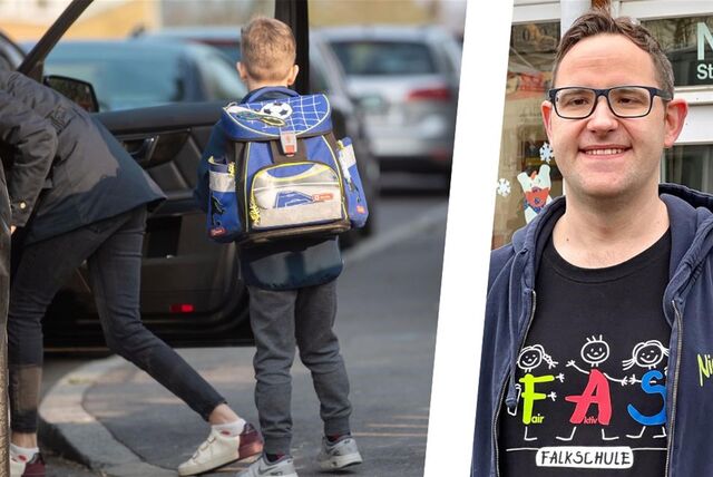 Die Bildmontage zeigt ein Auto, mit dem gerade ein Kind zur Schule gebracht wird, und den Unnaer Schulleiter Gabriel Rosenberg. Er bewertet des Problem „Elterntaxi“ sehr differenziert.