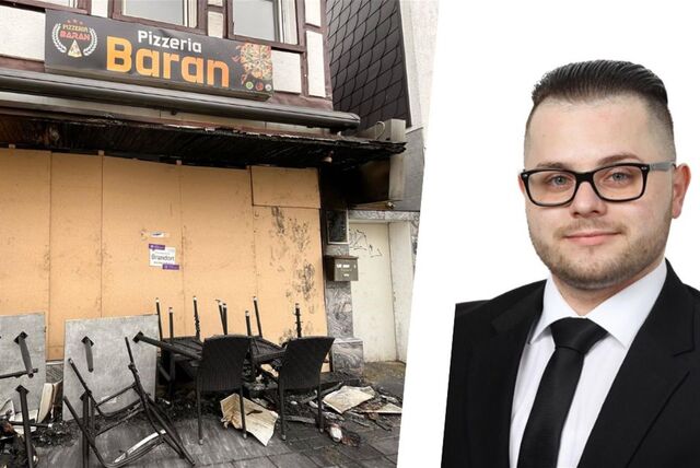 Bildermontage einer abgebrannten Pizzeria und eines Porträts eines jungen Mannes mit Undercut-Frisur und Brille. Er trägt einen schwarzen Anzug, eine schwarze Krawatte und ein weißes Hemd.