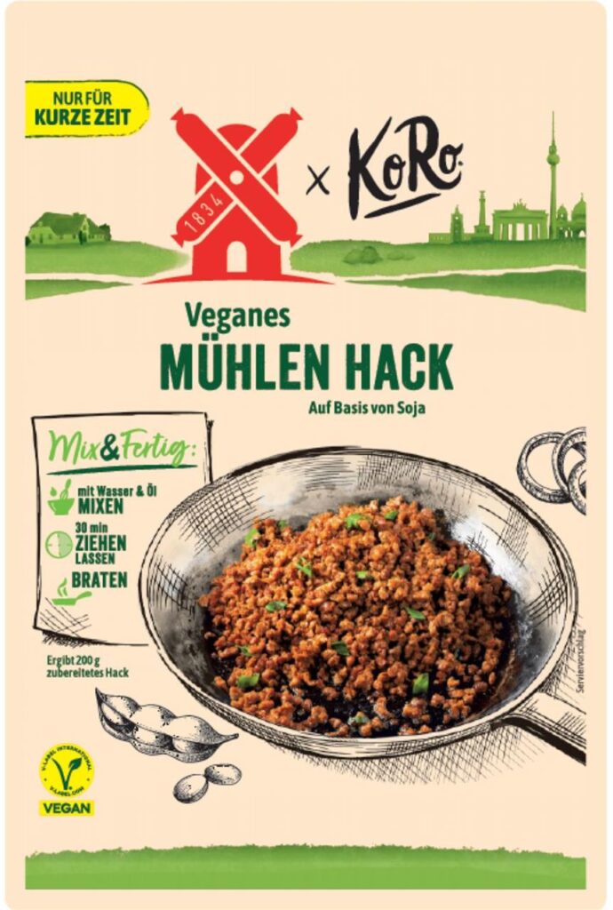 Eine Verpackung des veganen Mühlen-Hacks von Rügenwalder Mühle und KoRo, das von einem Rückruf betroffen ist.