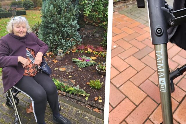 Bildmontage: Im linken Bild sitzt Dagmar Specke auf ihrem Rollator (der ihr mittlerweile gestohlen wurde) in einem Park, möglicherweise ein Friedhof. Das rechte Bild zeigt eine Nahaufnahme des Rollators.