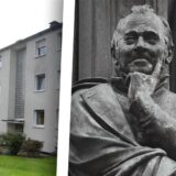 Rechts im Bild ist eine Statue des Dichters Ernst Moritz Arndt zu sehen, links ein Blick in die Siedlung in Schwerte.