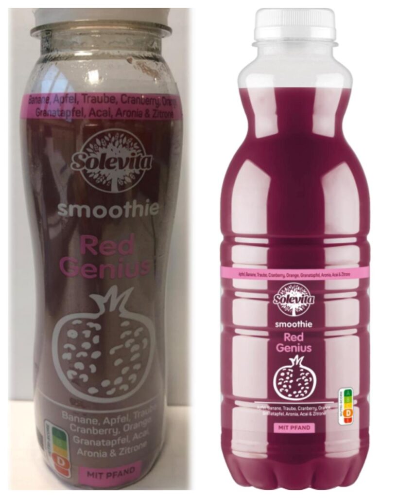 Eine Collage zeigt die Flaschen der beiden Smoothies von Lidl, für die es einen Rückruf gibt.