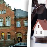 Links zu sehen ist das Amtsgericht Schwerte, rechts haut jemand mit einem Hammer auf ein kleines Haus.