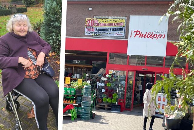 Bildmontage: Links, Dagmar Specke in ihrem (mittlerweile gestohlenen) Rollator. Rechts, der Eingangsbereich eines Thomas Philipps Gartenmarktes von außen.