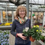 Irene Ahland hält zwei Blumenkübel mit Goldlack in den Händen.