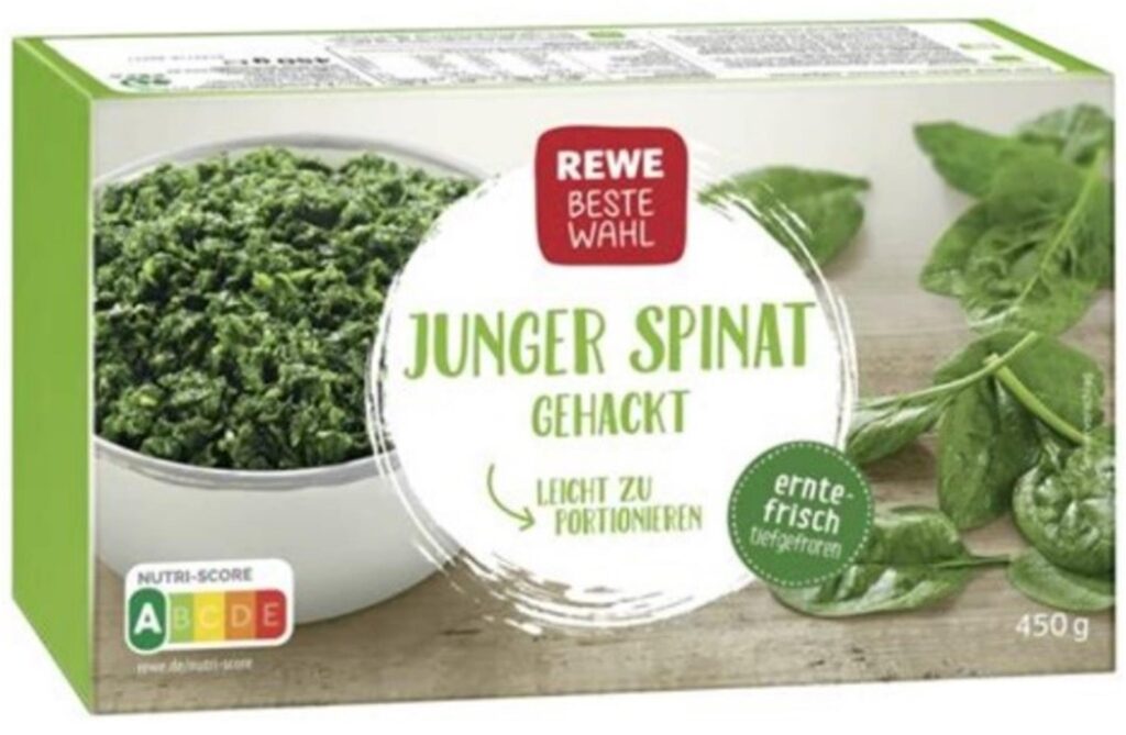 Eine Packung des Tiefkühl-Spinates von Rewe Beste Wahl, der von einem Rückruf betroffen ist. Eine Packung des Tiefkühl-Spinates von Rewe Beste Wahl, der von einem Rückruf betroffen ist.