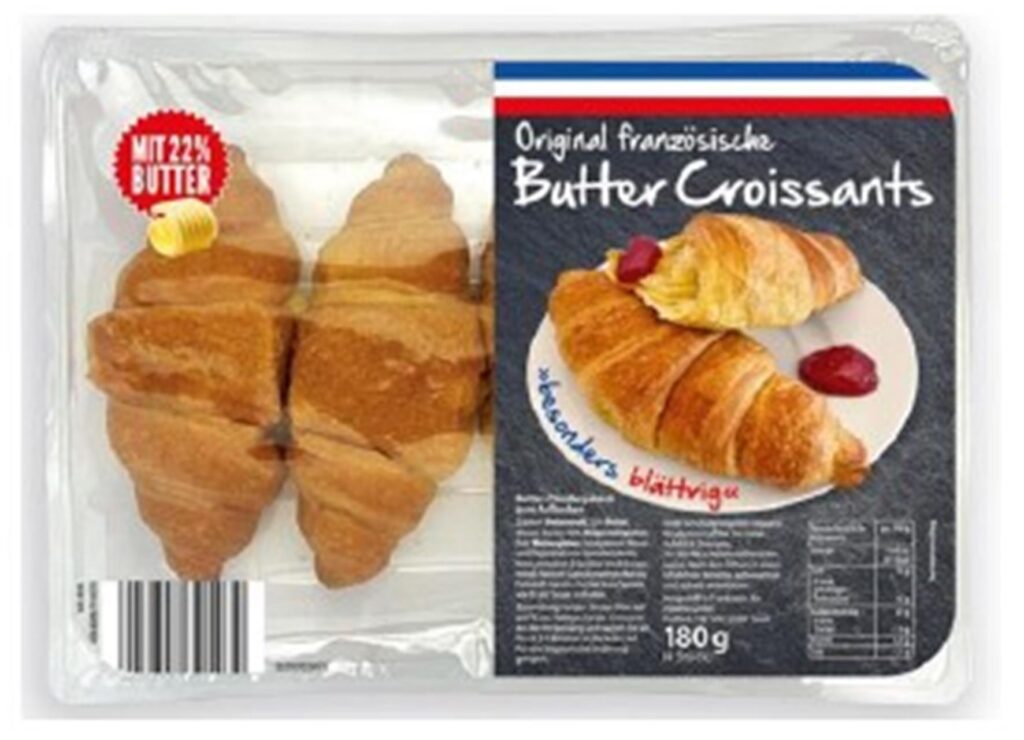 Eine Verpackung der Croissants von Aldente, die von einer aktuellen Rückrufaktion betroffen sind.