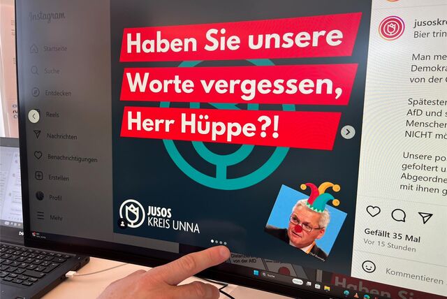 Posting der Jusos im Kreis Unna auf Instagram: Die Jungsozialisten konfrontieren den CDU-Bundestagsabgeordneten mit dessen Aussagen über Mitspieler der AfD-Bundestagsfraktion im FC Bundestag.